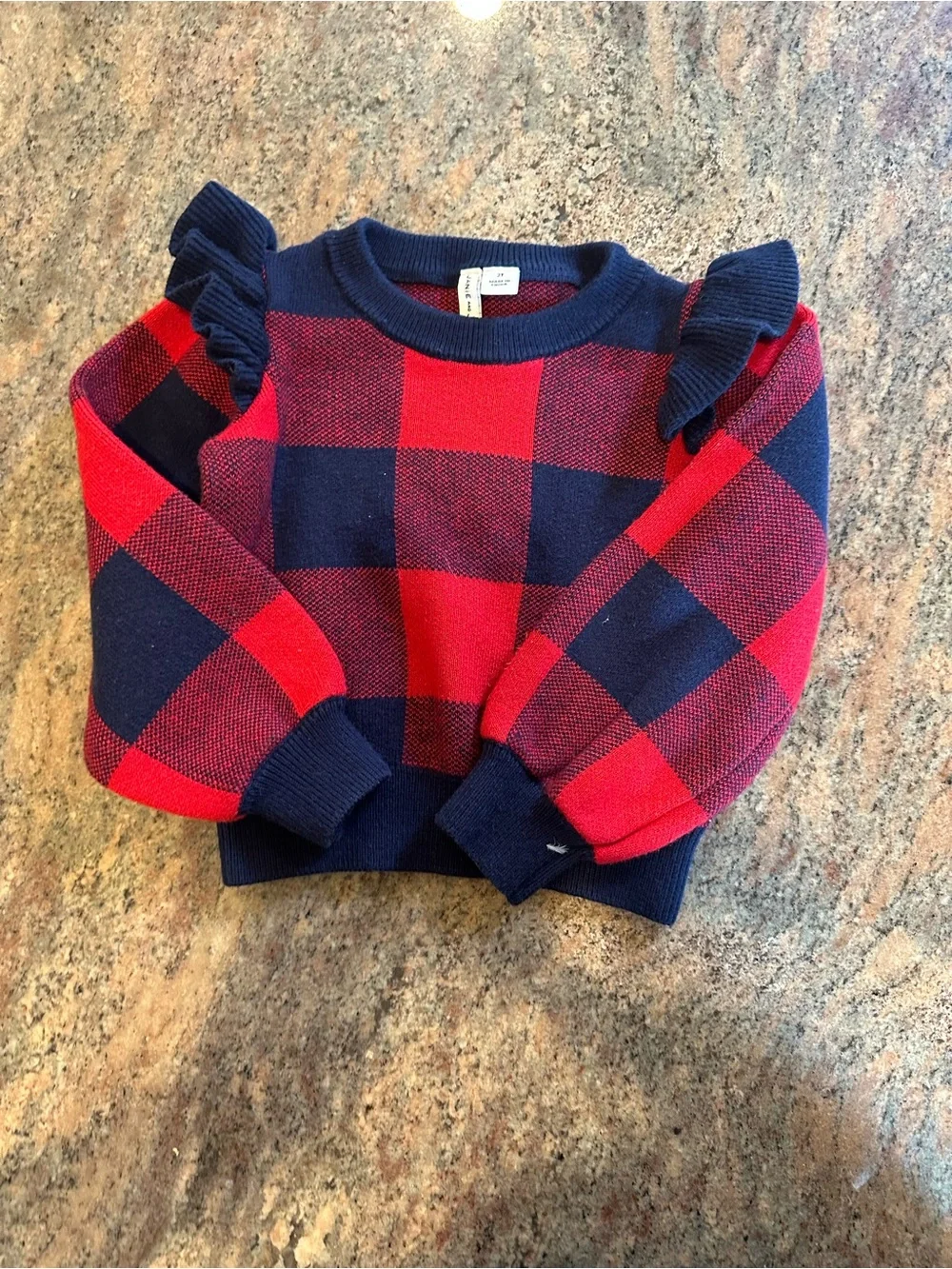 Janie and Jack Red and Navy Buffalo Plaid Ruffle Shoulder Sweater